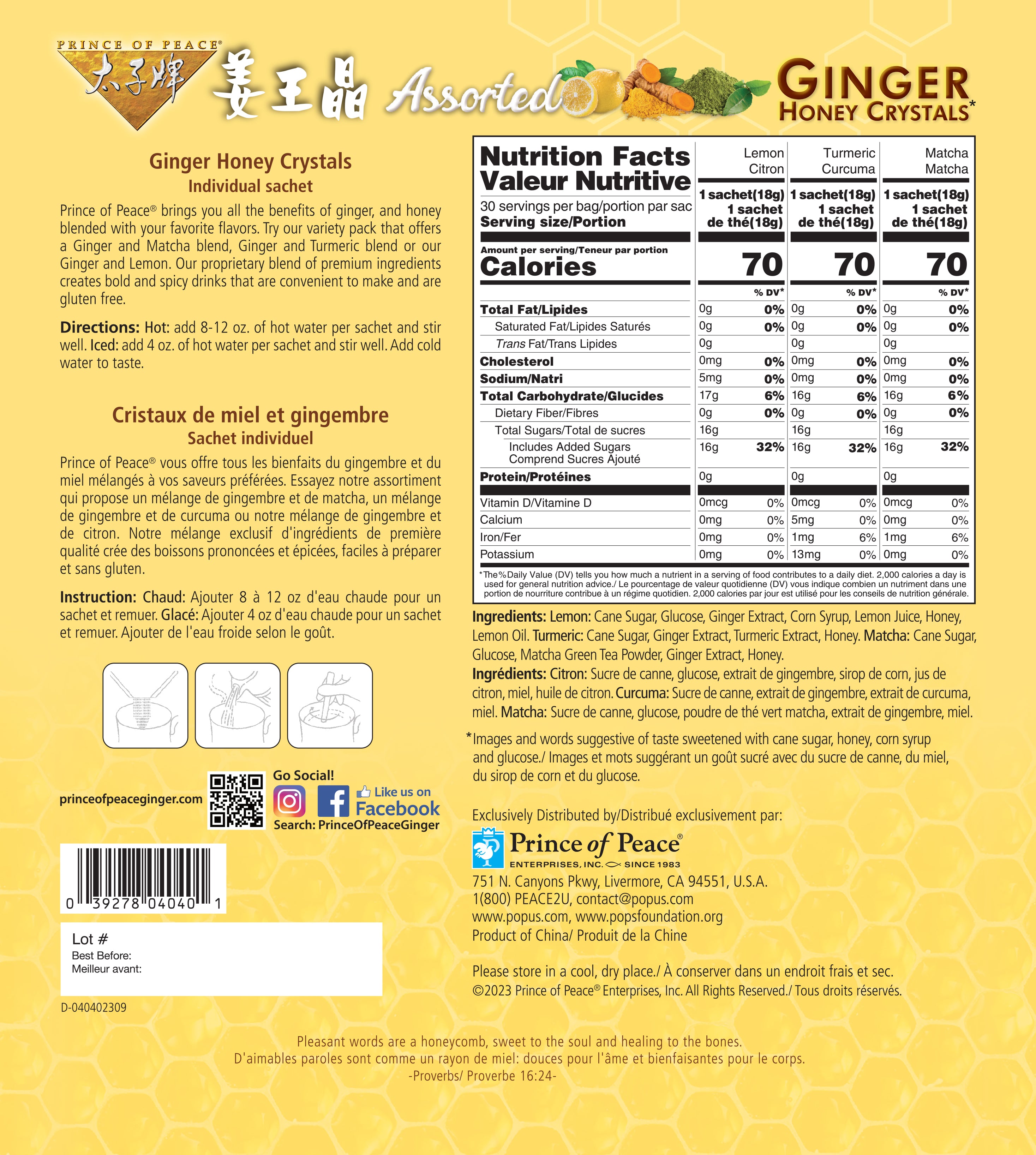 Prince of Peace Instant Ginger Honey Crystals, 30 Sachets