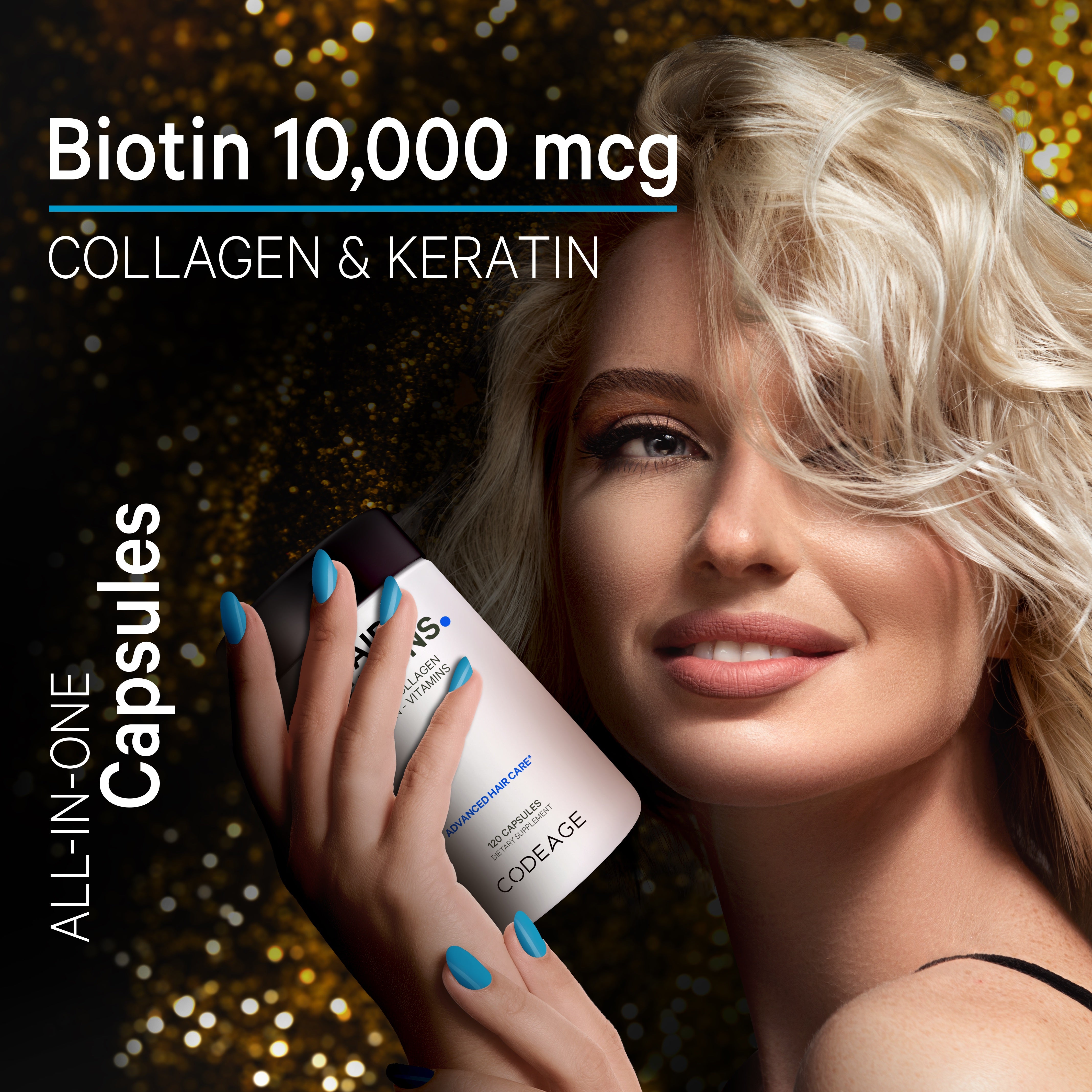 Codeage Hair Vitamins 10000 mcg Biotin, Keratin, Collagen, 120 Caps - All-in-one Capsules