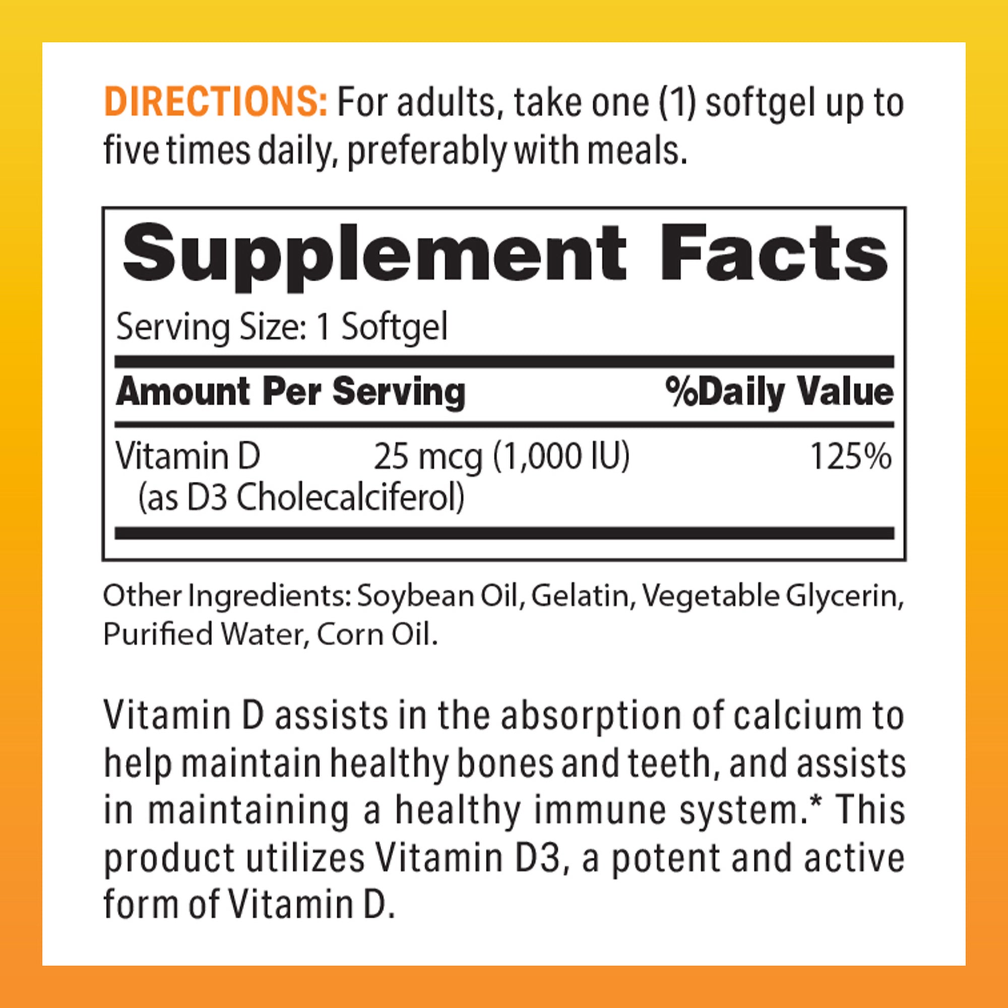 Vitamin D3 For Bone Health - 250 Softgels - Supplement Facts