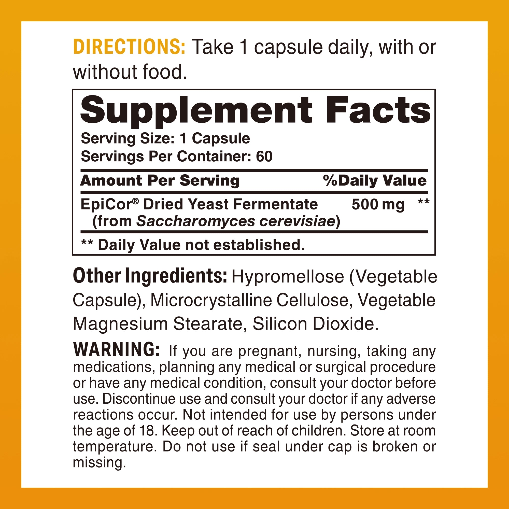 Immune Boost with EpiCor 500mg - 60 Capsules - Supplement Facts