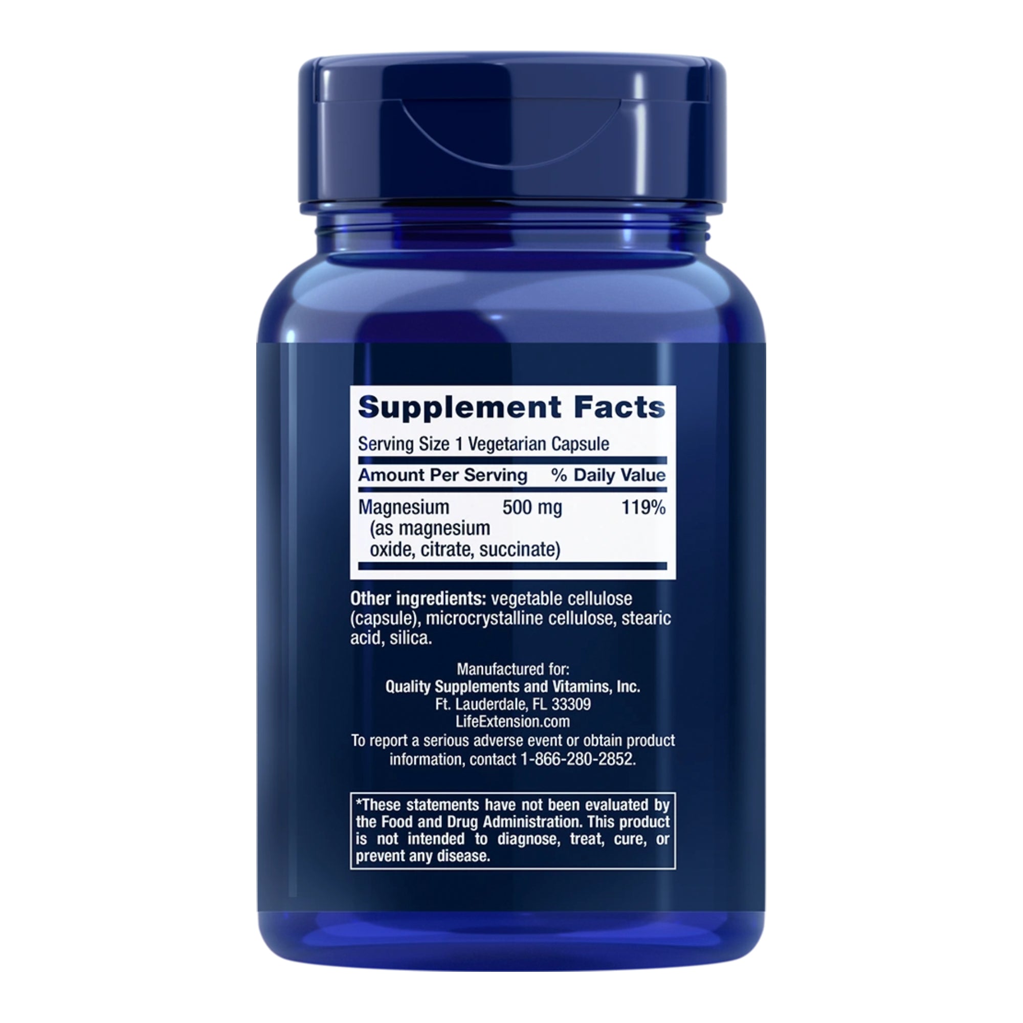 Life Extension Magnesium Caps 500mg 100ct - Supplement Facts