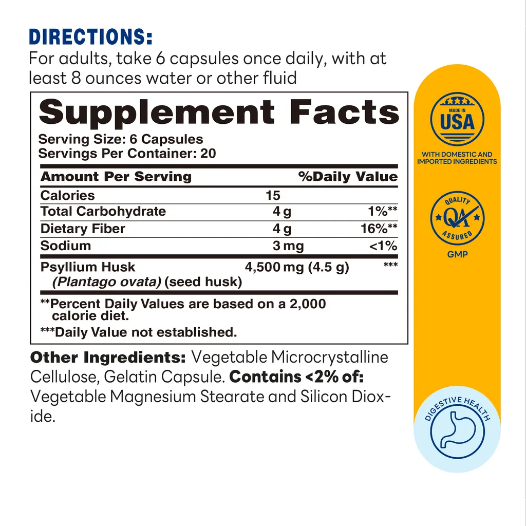 Psyllium Seed Husks 4500MG - 120 Capsules - Digestive and Colon Health - Supplement Facts