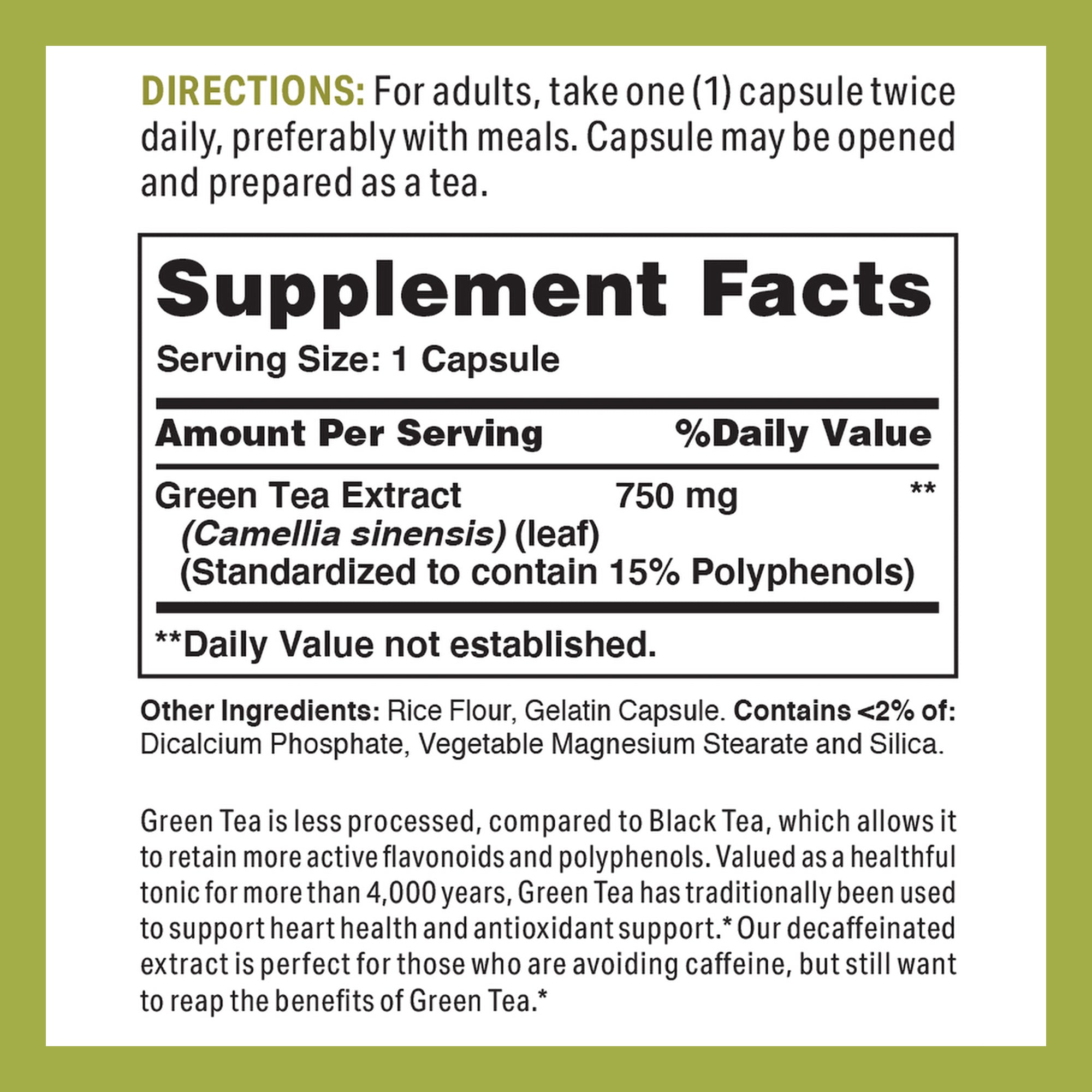 Decaffeinated Green Tea Extract 750MG - 100 Capsules - Supplement Facts