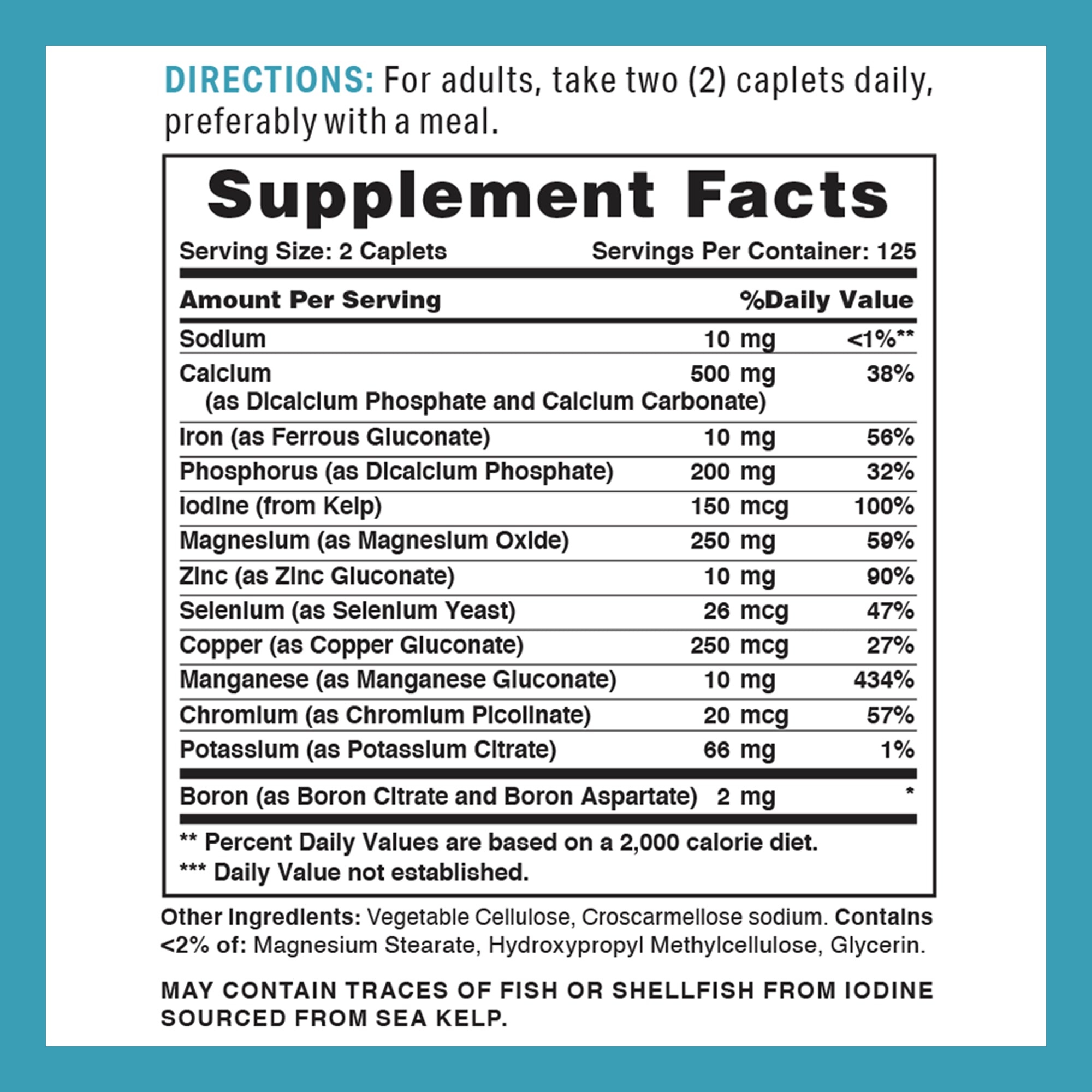 Super Chelated Multi Minerals - 250 Caplets - Supplement Facts