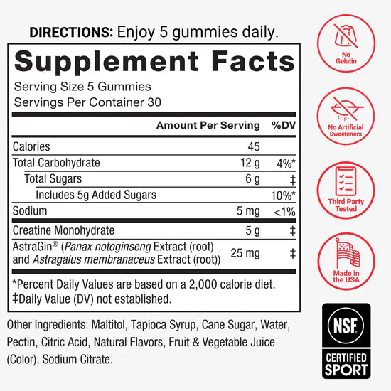 Force Factor Creatine Monohydrate Mixed Berry Flavor 150Gummies- Supplement Facts