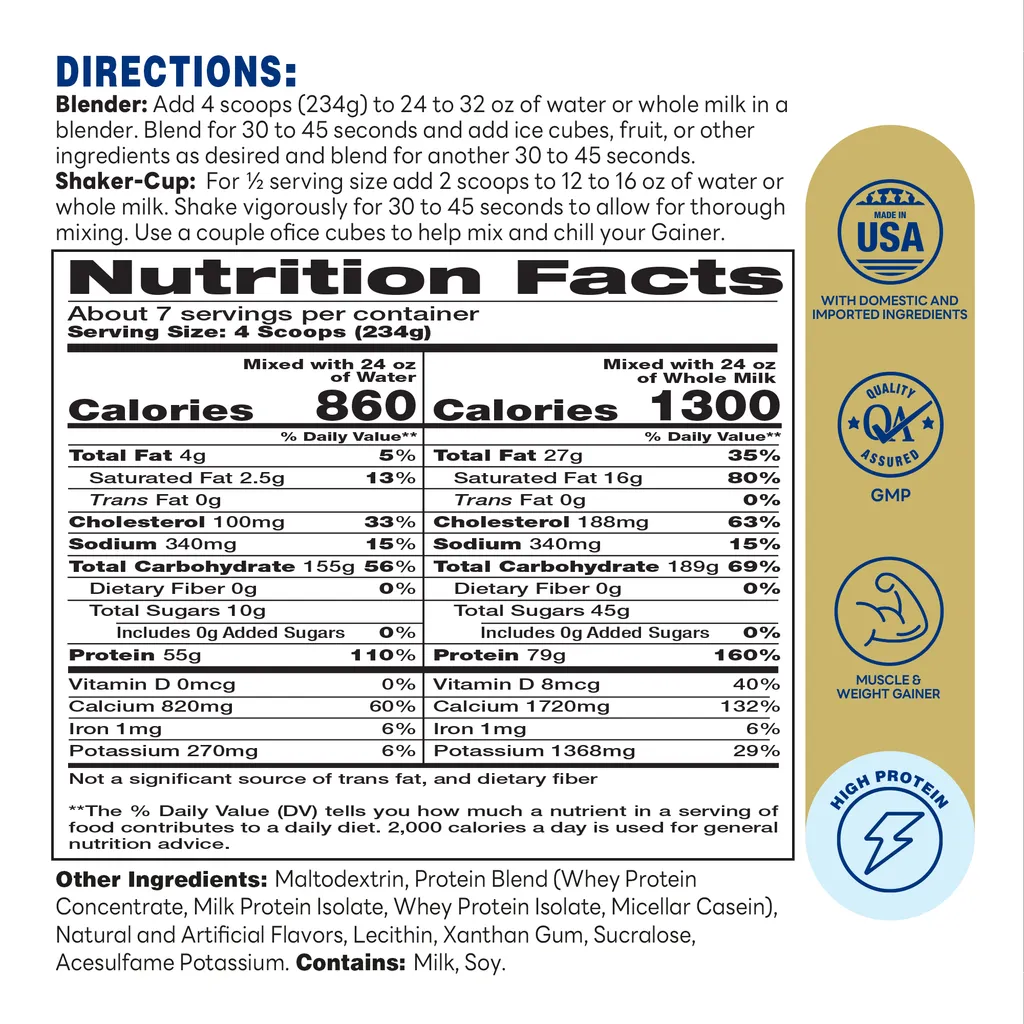 Muscle & Weight Gainer Vanilla, Muscle Building, 3.6 lbs - Supplement Facts