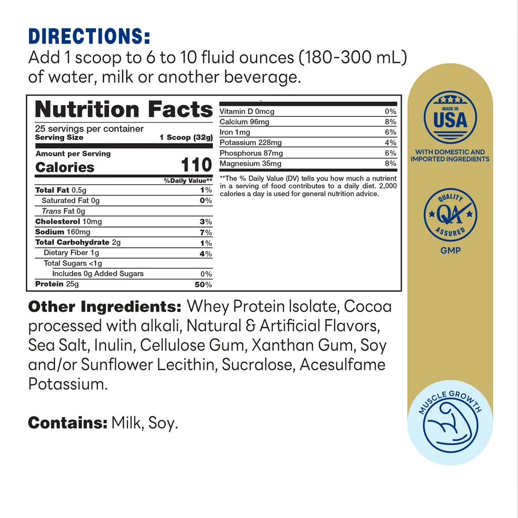 Whey Protein Isolate Powder Choc 1.76lbs - 25 Servings - Supplement Facts