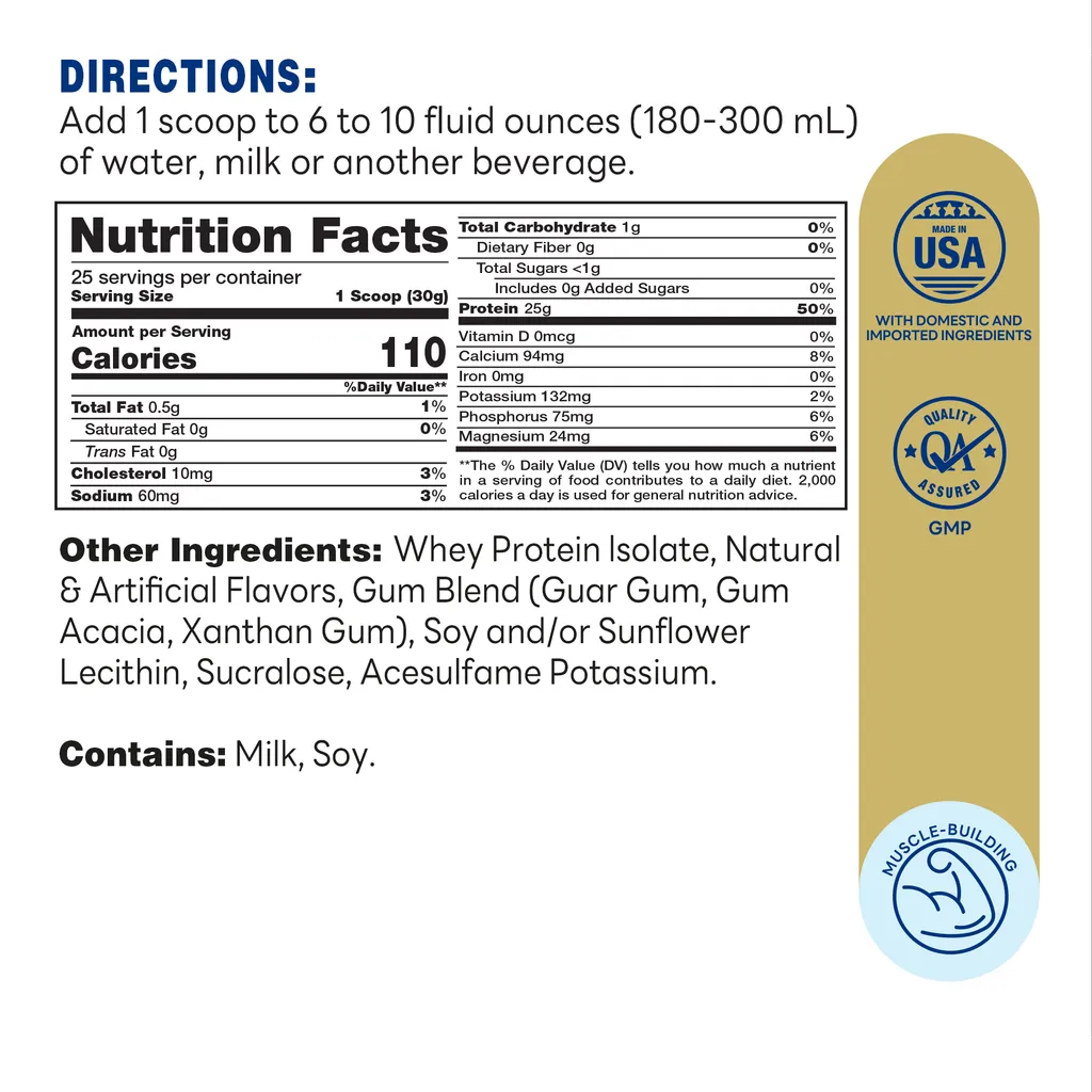 Whey Protein Isolate Powder Vanilla - 25 Servings - Supplement Facts