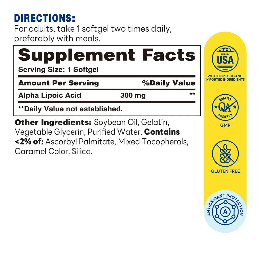 Alpha Lipoic Acid 300 mg. - Antioxidant Support, Promote Healthy Blood Sugar Levels - Supplement Facts