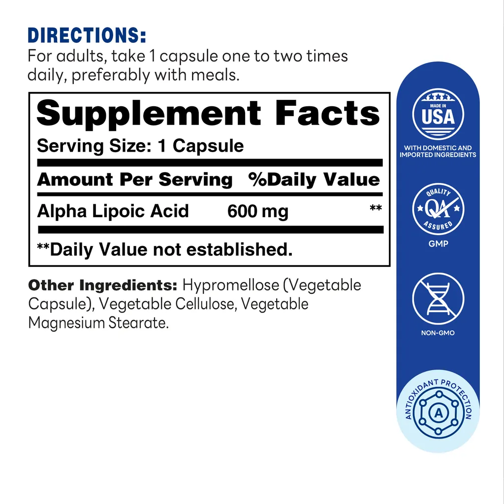 Alpha Lipoic 600MG Rapid Release Capsules - Supplement Facts