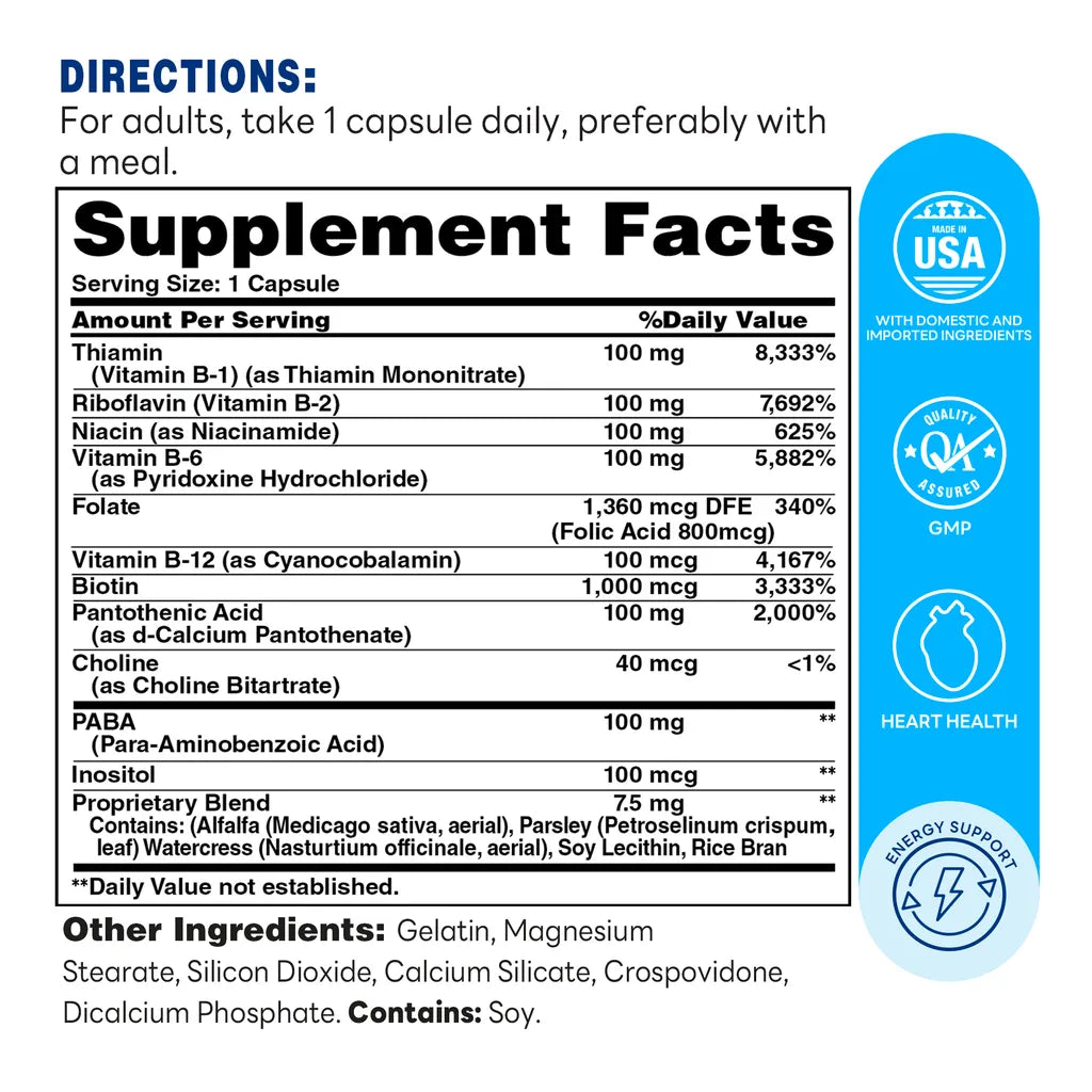 B-Complex 100 - Energy Metabolism, Nervous System Support and Heart Health - 200 Capsules - Supplement Facts