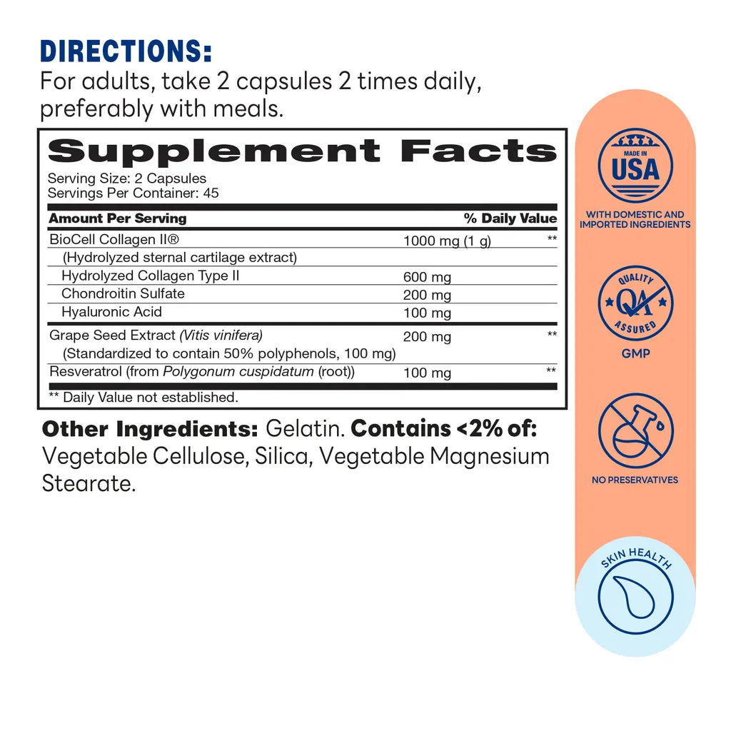 BioCell Collagen® Peptides with Resveratrol - 90 Capsules - Supplement Facts