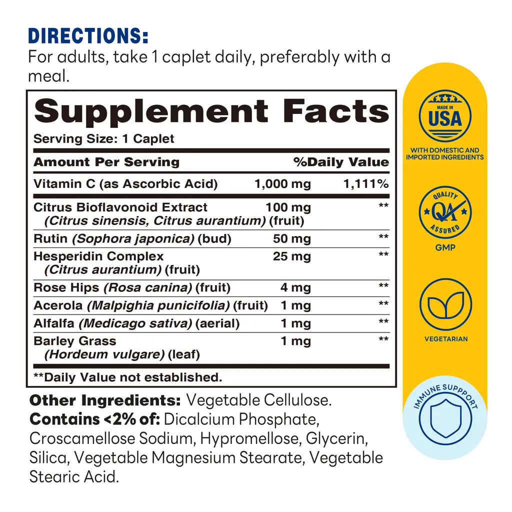 Vitamin C Complex for Immune Support -100 Caplets- Supplement Facts