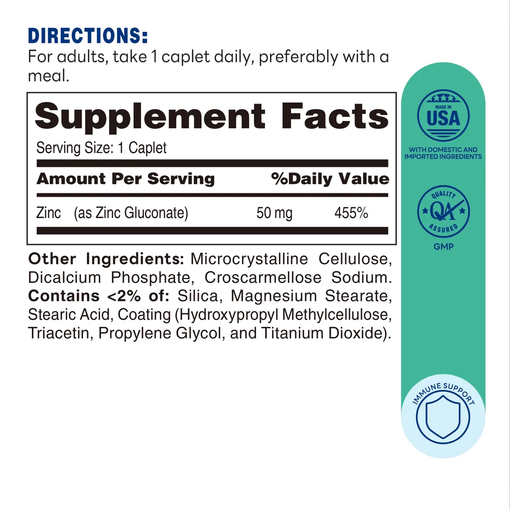 Chelated Zinc 50 mg. - 100 Caplets - Immune Support - Supplement Facts