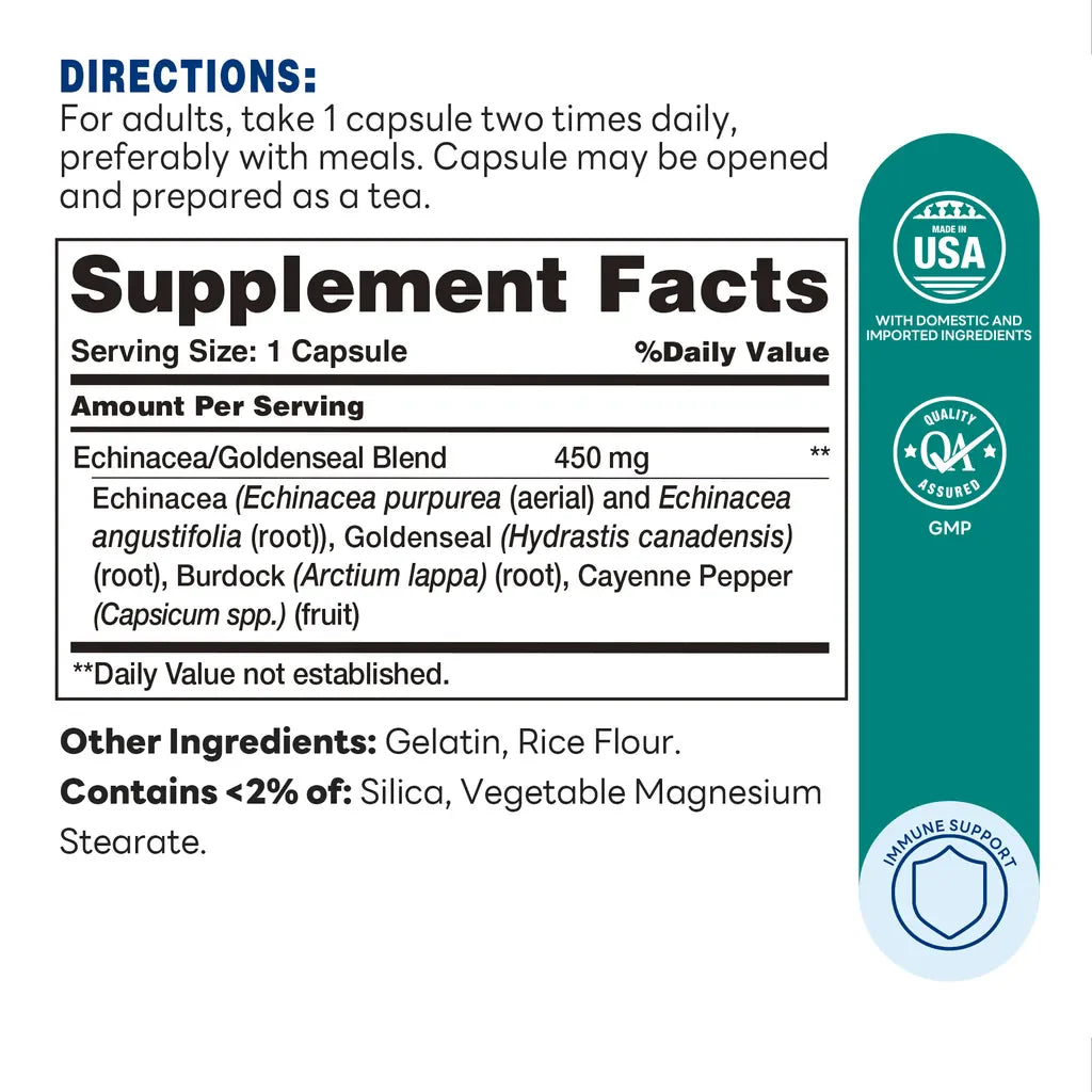 Echinacea & Goldenseal Complex 100 Rapid Release Capsules - Immune Support - Supplement Facts