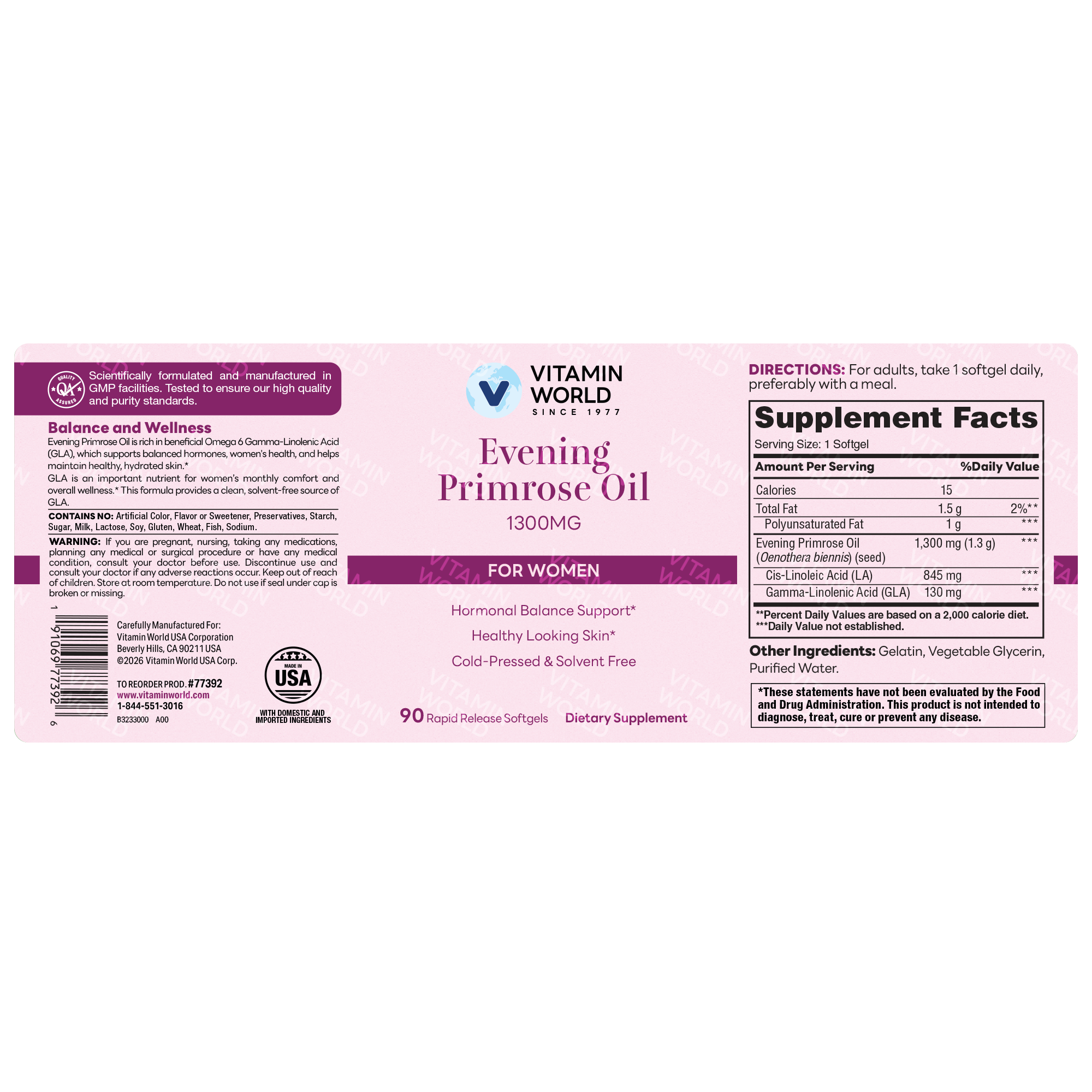 Evening Primrose Oil for Women 1300mg, Beauty Support, 90 Softgels
