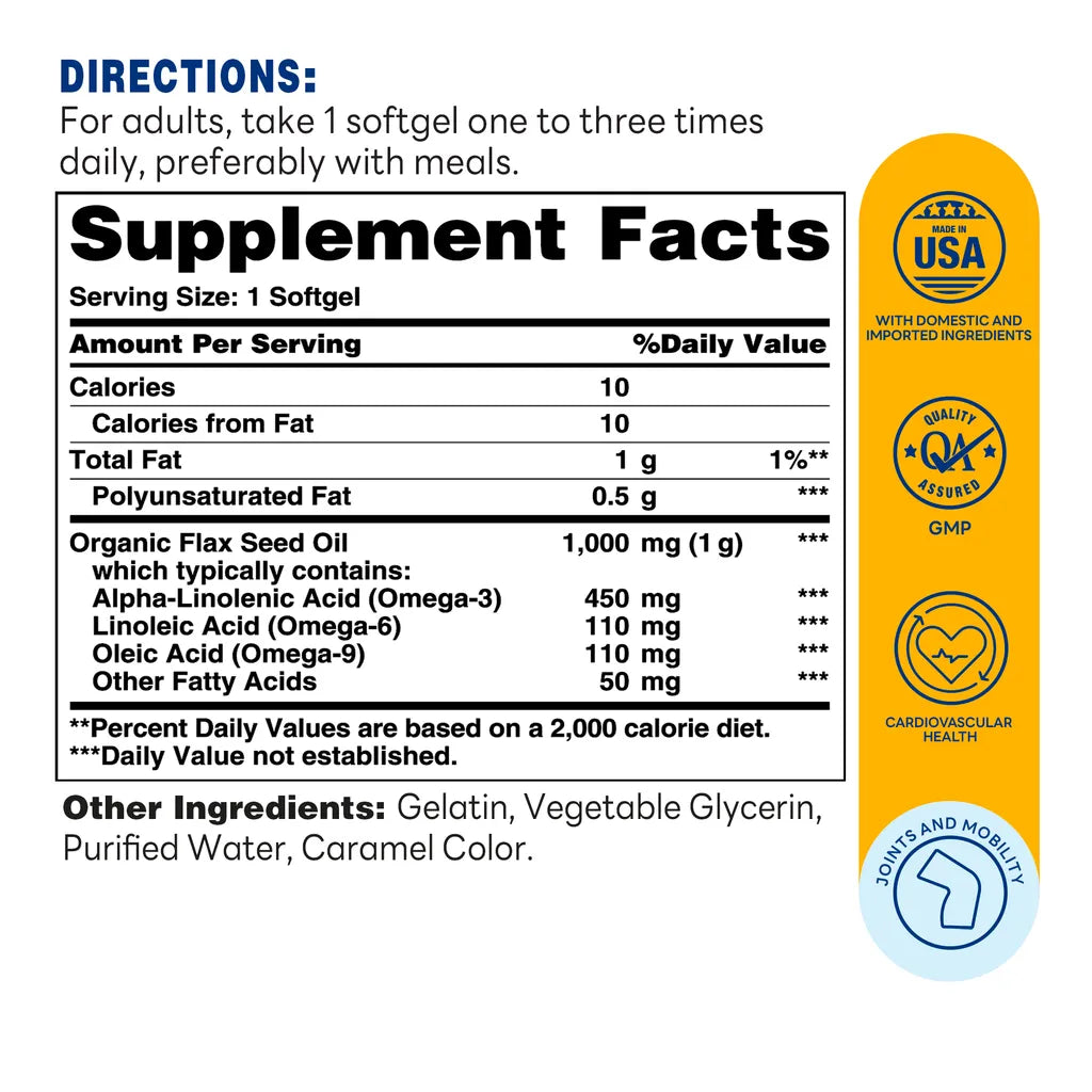 Flax Seed Oil 1,000 mg. - 240 Softgels - Heart Health - Supplement Facts