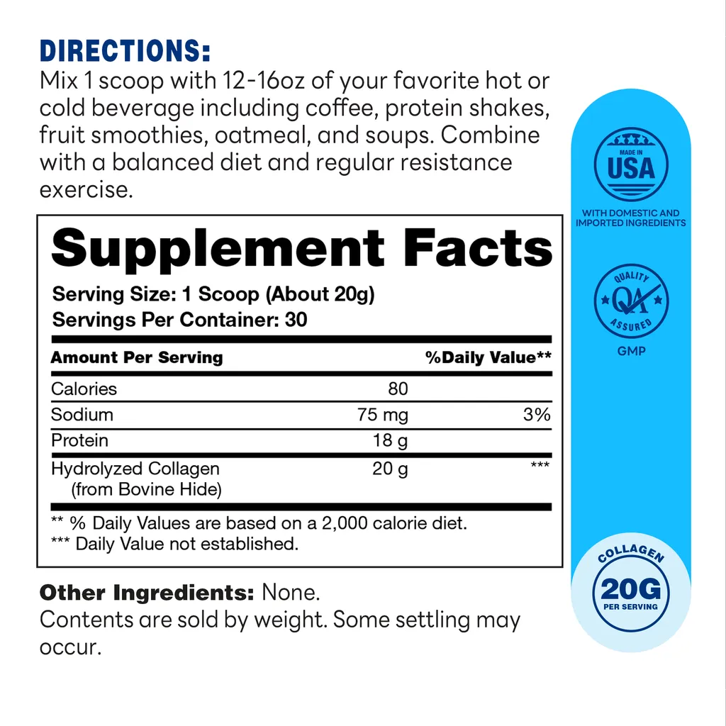 Grass-Fed Collagen Peptides 600g Powder Unflavored - Supplement Facts