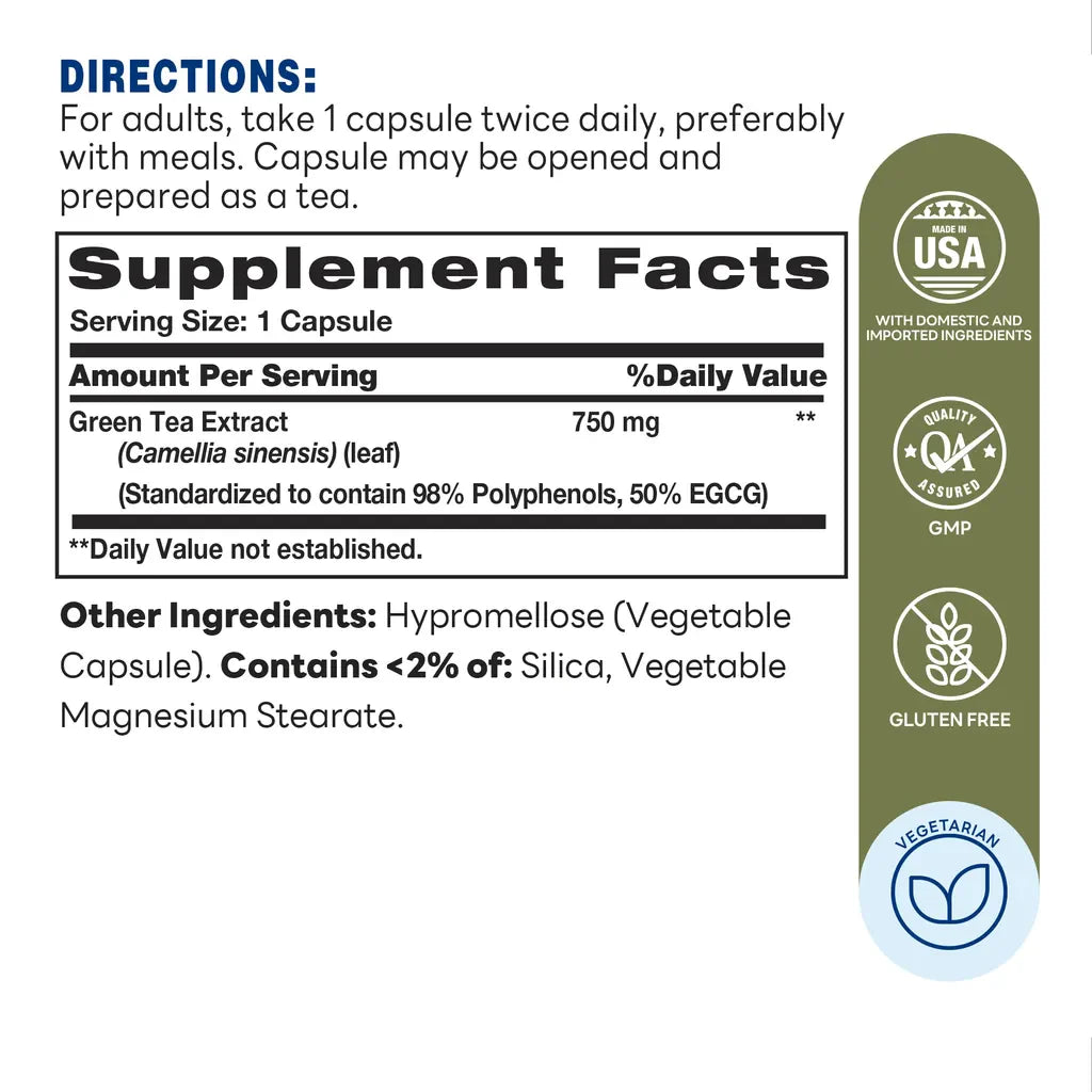 Green Tea Extract 750mg 100ct - Antioxidant Defense, Cardiovascular and Immune Support - Supplement Facts
