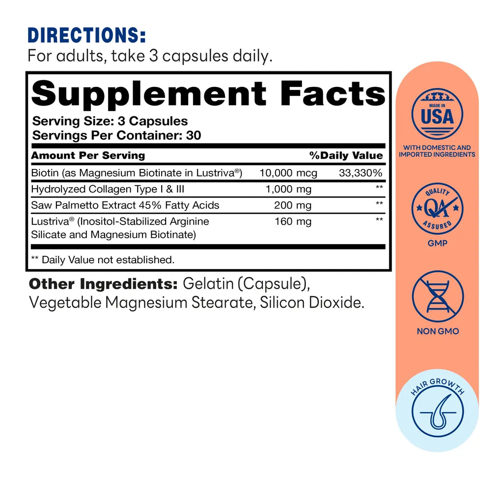 Hair Growth Complex with Lustriva - 60 Capsules - Supplement Facts