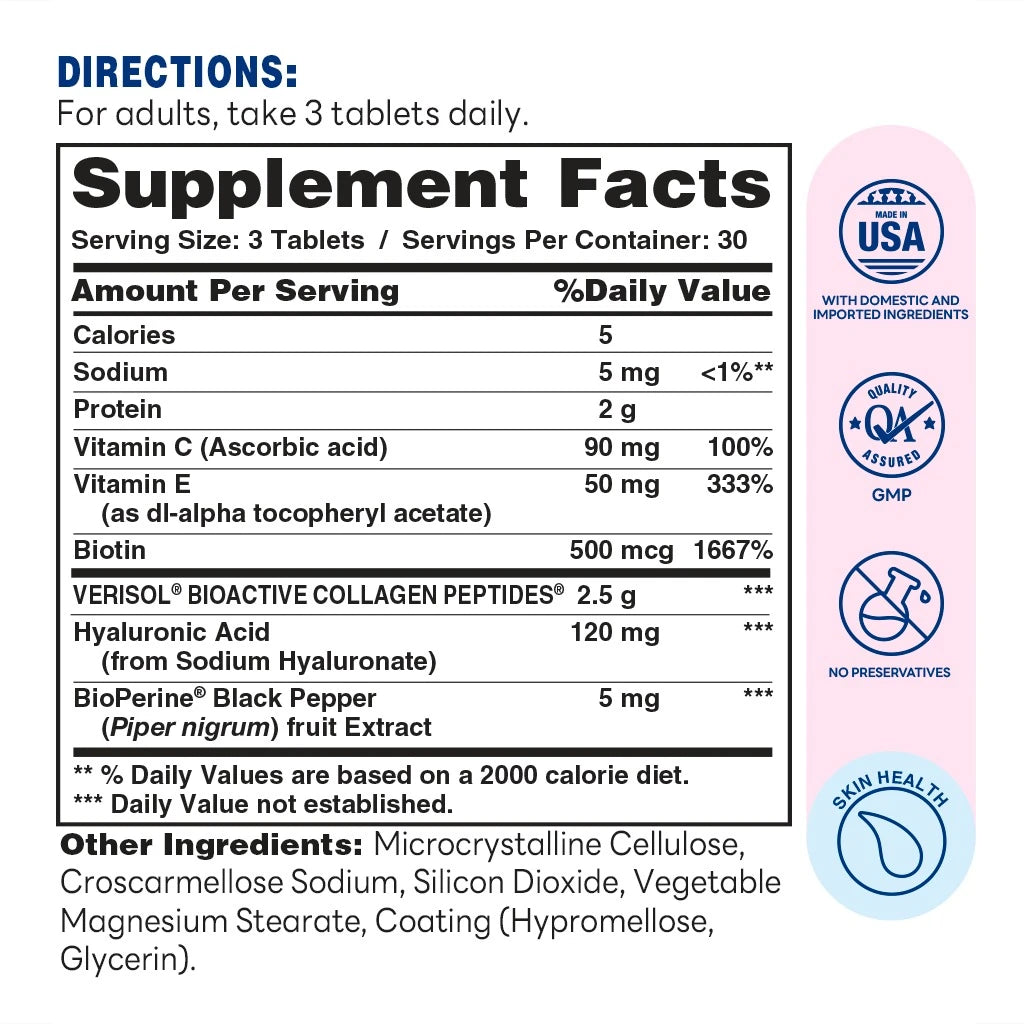 Hair Skin & Nails Formula with Hyaluronic Acid & Collagen Peptides - 90 Tablets - Supplement Facts