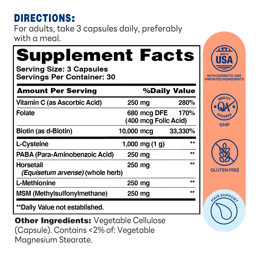 Healthy Hair Formula 10,000mcg - 90 Capsules - Supplement Facts