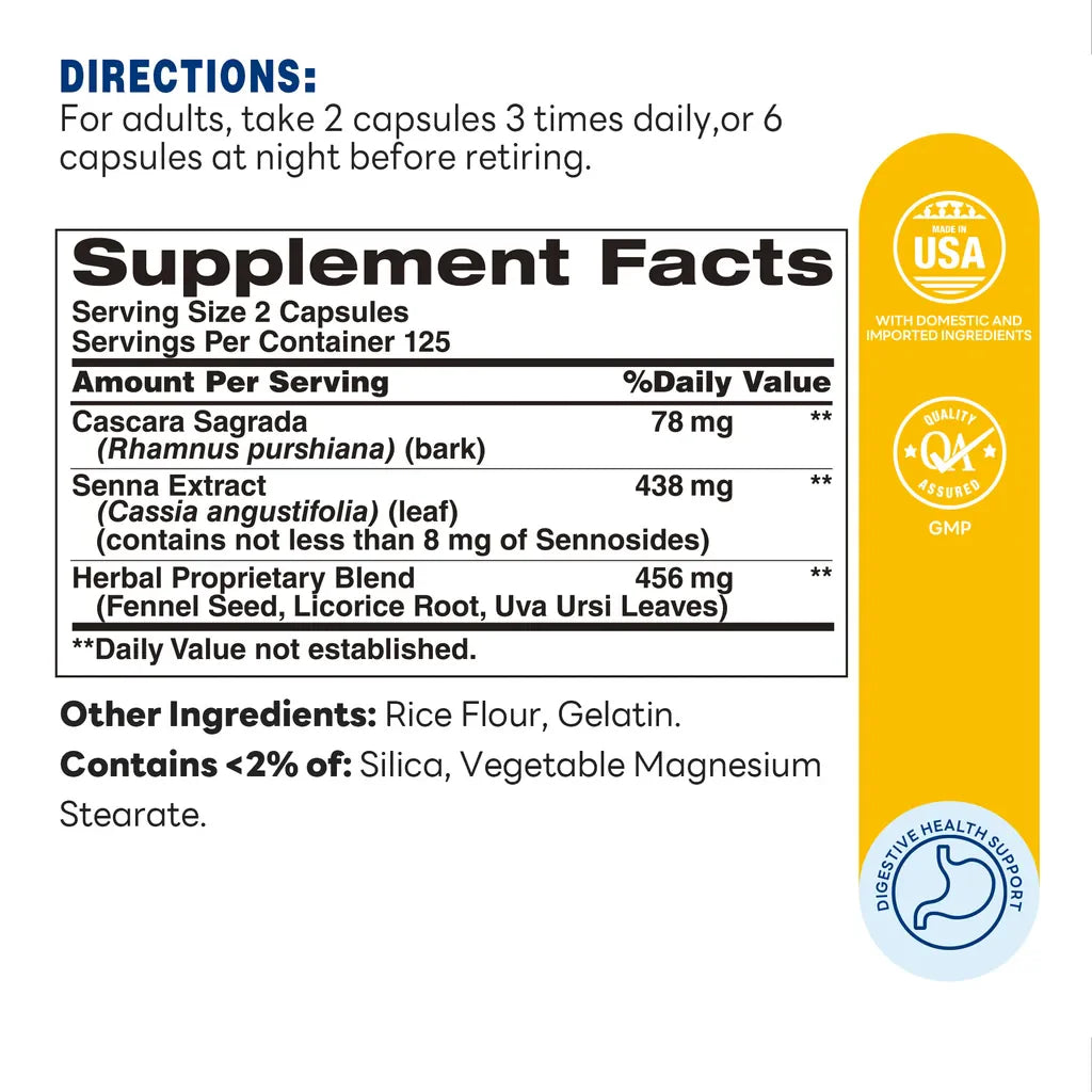 Herbal Laxative Capsules - Healthy Digestive System | 250ct - Supplement Facts