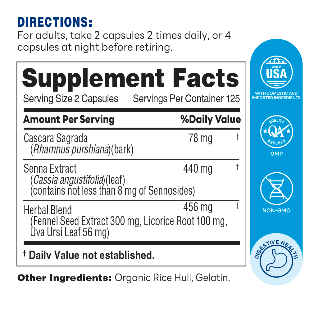Herbal Laxative Capsules - Healthy Digestive System | 250ct - Supplement Facts