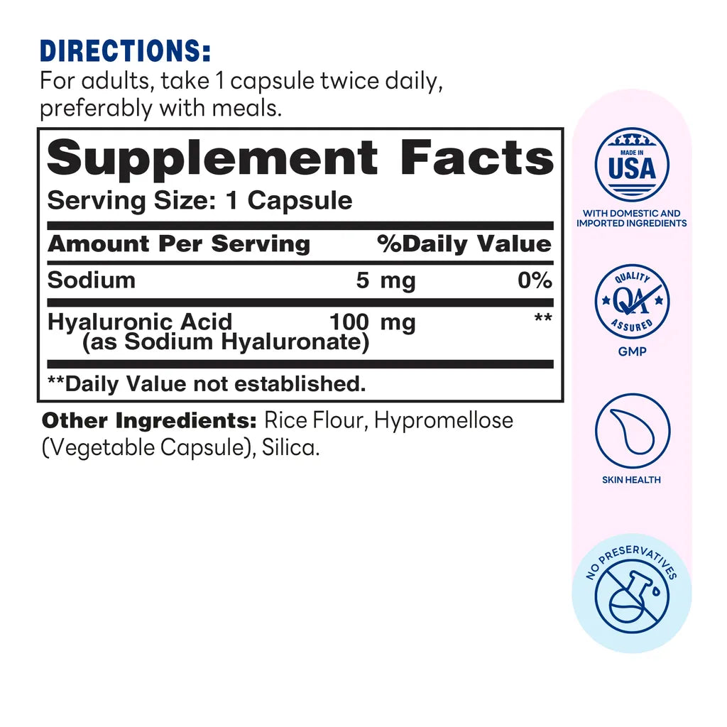 HYALURONIC ACID 100mg Capsule | 30ct - Supplement Facts