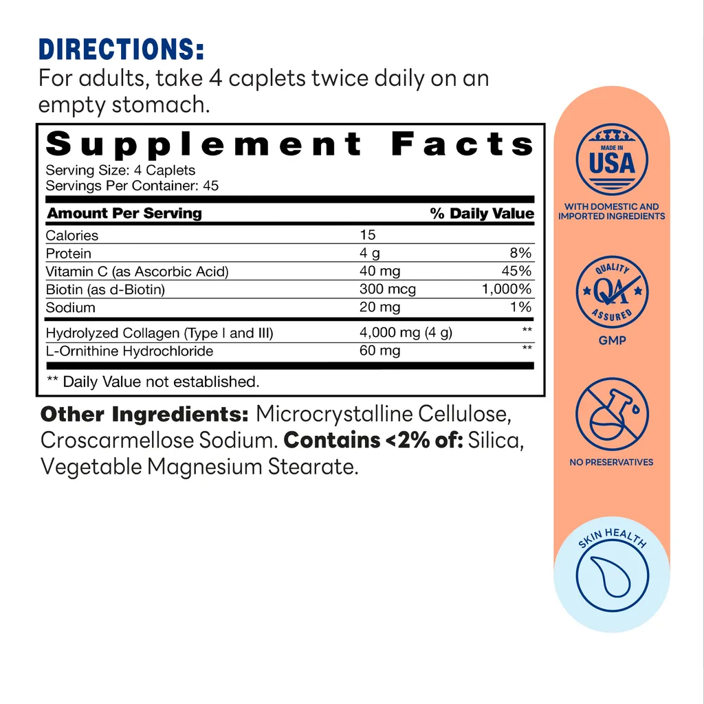 Hydrolyzed Collagen 4000mg - Promote Healthy Skin, Hair & Nails - Supplement Facts
