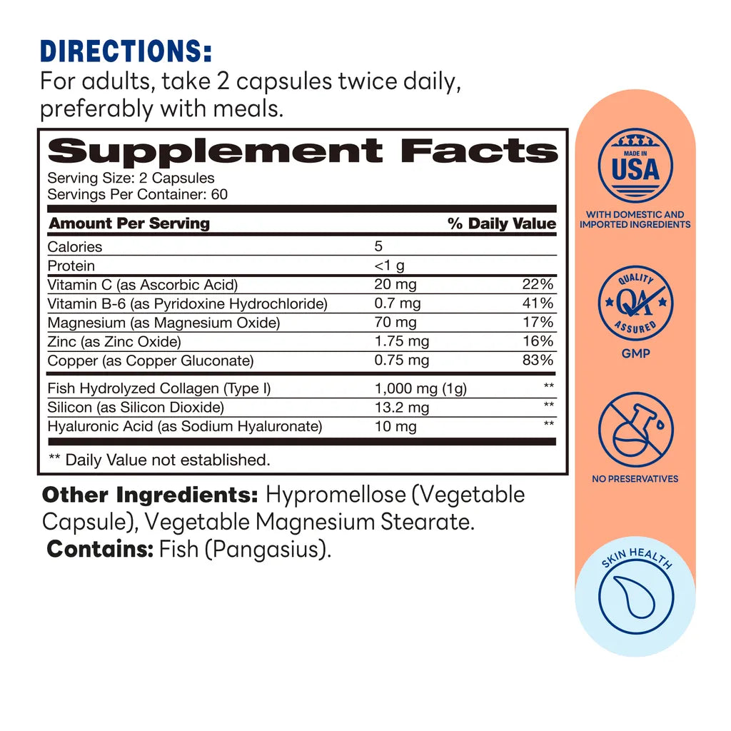 Hydrolyzed Marine Collagen Peptides with Hyaluronic Acid Capsule | 120ct - Supplement Facts