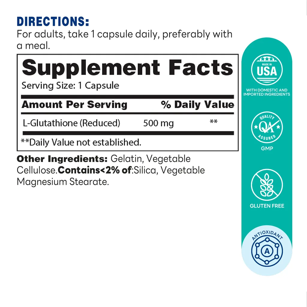 Maximum Strength L-Glutathione Amino Acid 500MG - 30 Capsules - Antioxidant Support - Supplement Facts