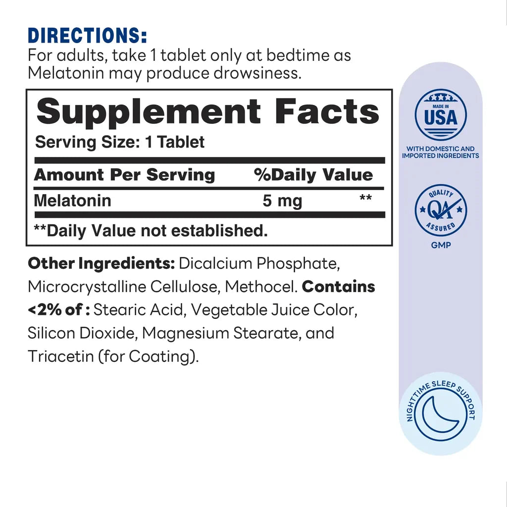 Bi-Layered Melatonin 5 mg - 60 Tablets - Nighttime Sleep Support, Fast Acting, Long Lasting - Supplement Facts