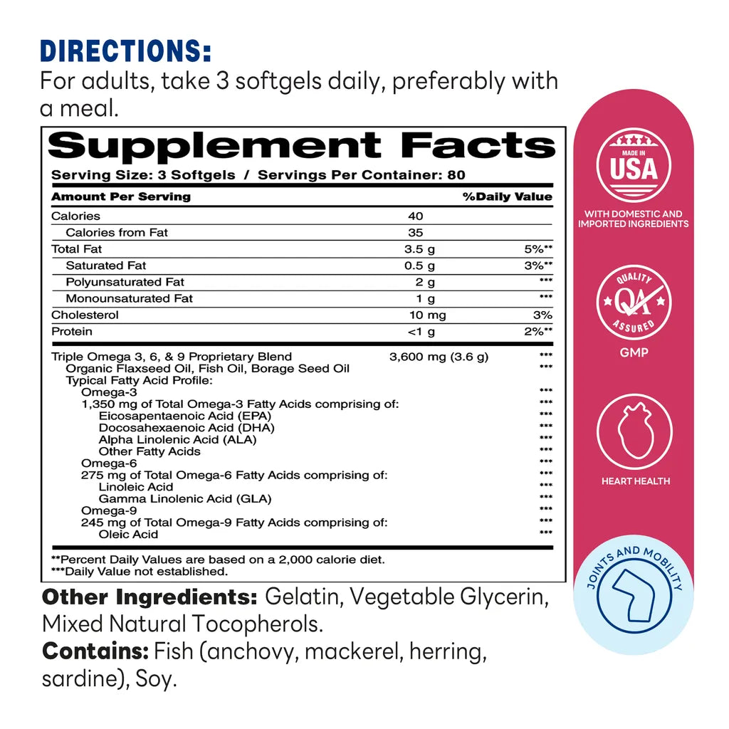 Maximum Strength Triple Omega 3-6-9 - 240 softgels - Supplement Facts