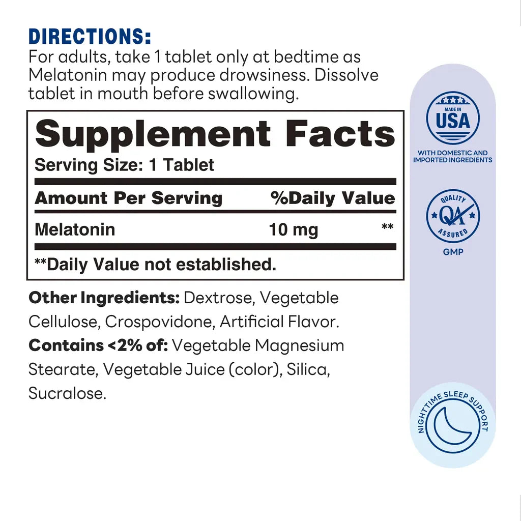 Melatonin Quick Dissolve - Nighttime Sleep Support - 90 Tablets - Supplement Facts