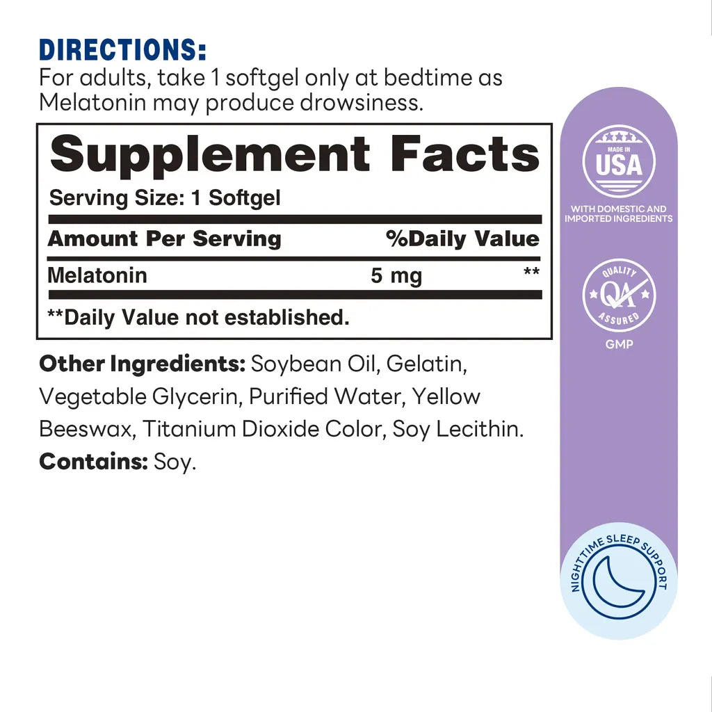 Melatonin 5MG - 60 Softgels - Nighttime Sleep Support - Supplement Facts