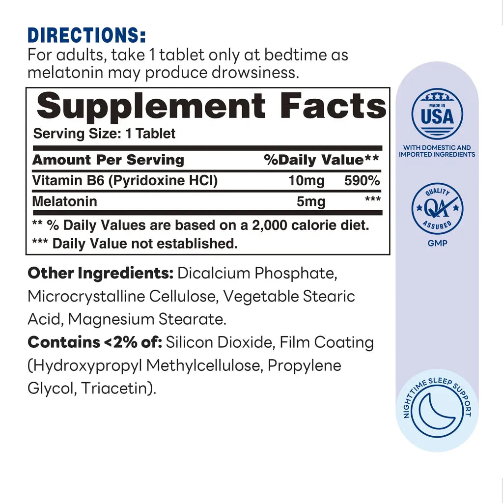 Melatonin 5mg TR tablets - 300ct - Nighttime Sleep Support, Long Lasting - Supplement Facts