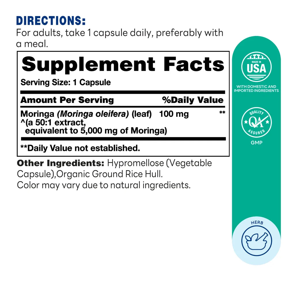 Moringa 5000mg - 100 Vegetarian Capsules - Overall Wellness, Antioxidant Support - Supplement Facts