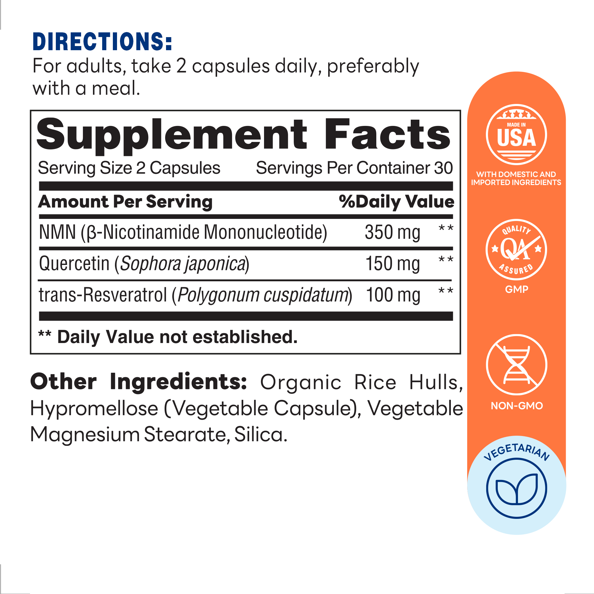 Vitamin World NMN 350 Plus, Energy and Metabolic, 60ct - Supplement Facts