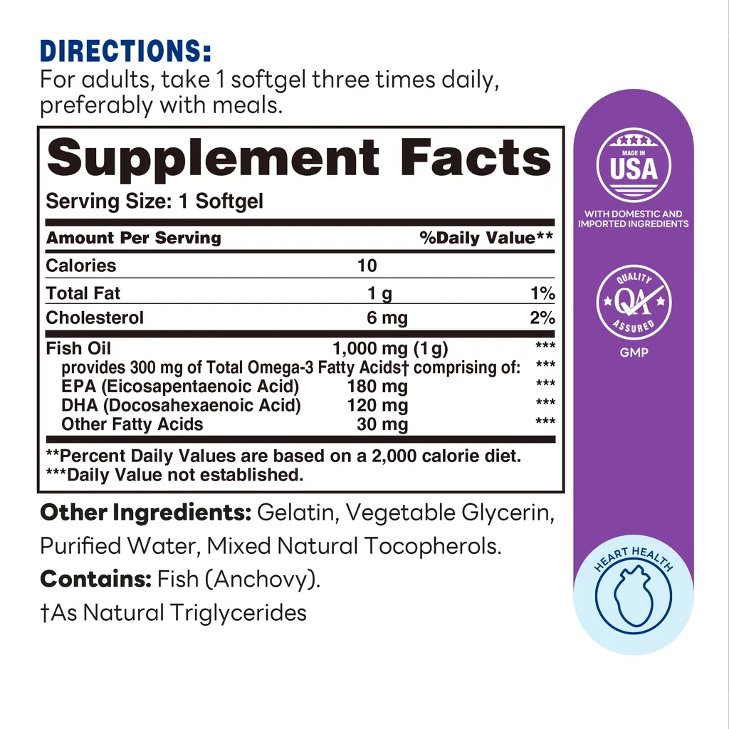 Omega-3 Fish Oil 1000MG - 100 ct - Support for Heart, Brain & Joint Health, May Reduce the Risk of Coronary Heart Disease - Supplement Facts