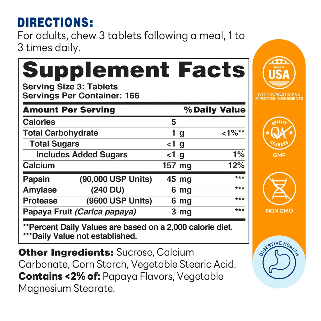 Papaya Enzyme - 500 Chewable Tablets - Digestive Health - Supplement Facts