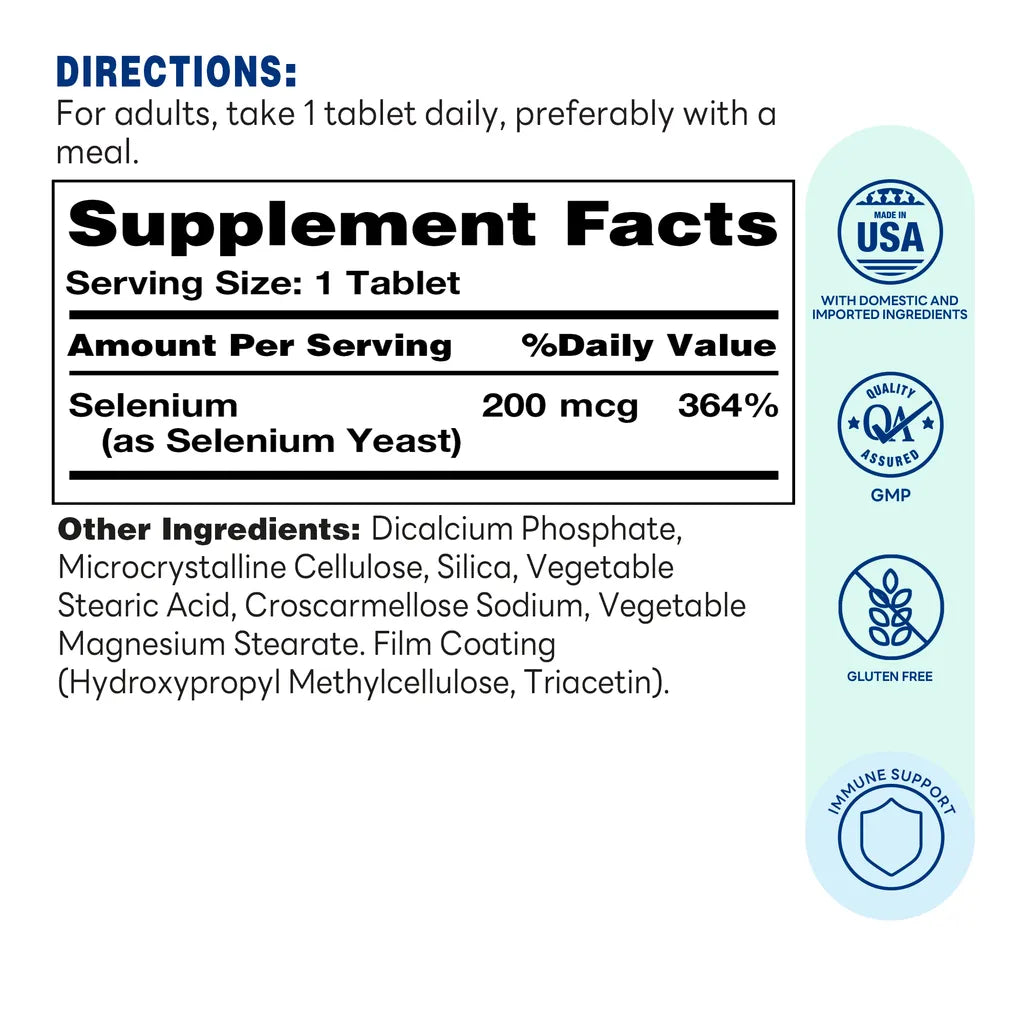 Selenium 200mcg Tablet | 250ct - Supplement Facts