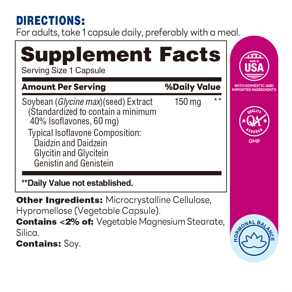 Soy Isoflavones 60ct - Supports Menopausal Health, Non-GMO - Supplement Facts