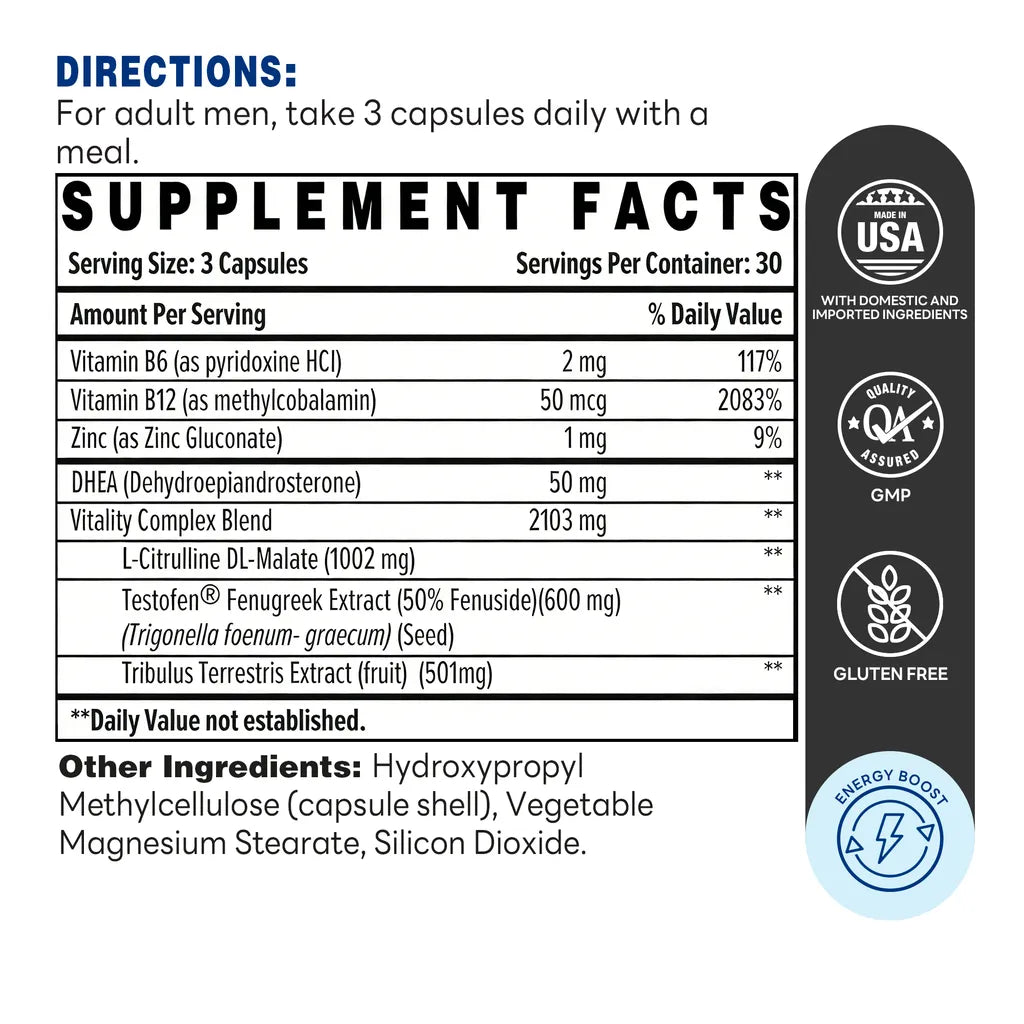 Testosterone Support - Energy, Strength, Libido | 90 Capsules - Supplement Facts