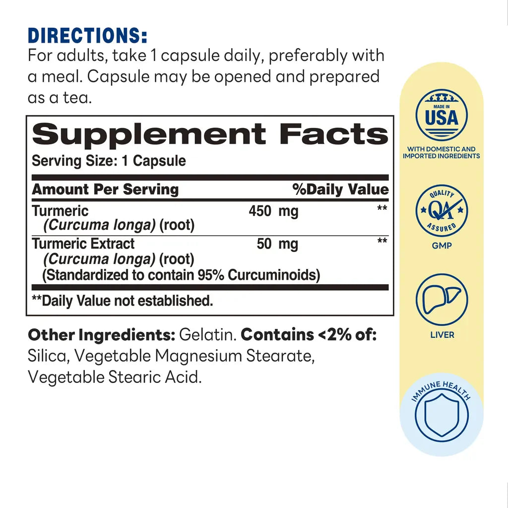 Turmeric Curcumin 500MG 90 Rapid Release Capsules - Immune Support, Healthy Inflammatory Responses, Antioxidant Support - Supplement Facts