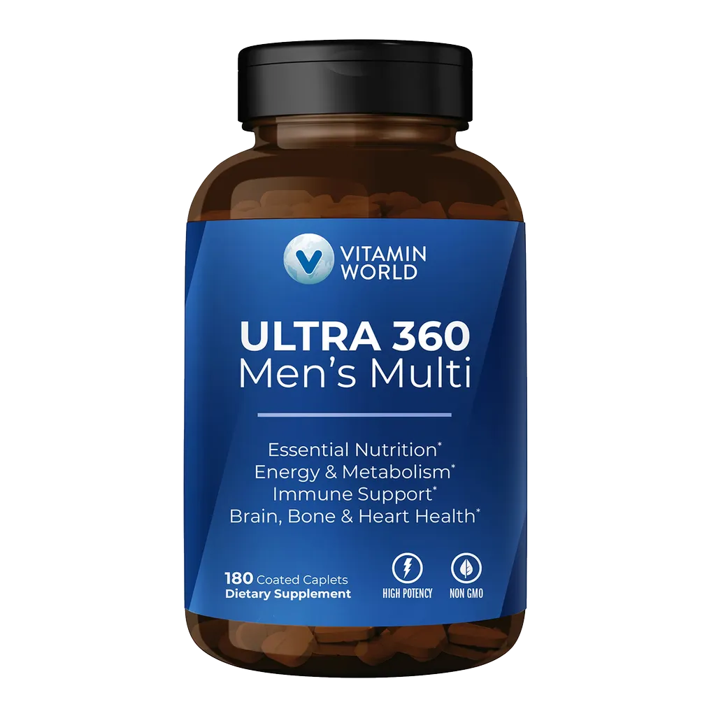 ULTRA 360 Men's Multi - Essential Nutrition, Energy & Metabolism, Immune Support, Brain, Bone & Heart Health - 180 Caplets