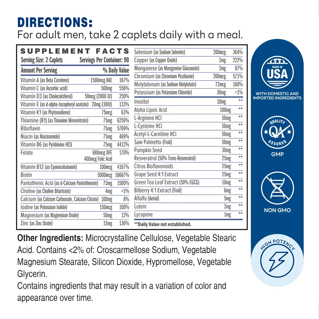 ULTRA 360 Men's Max Multivitamin - 180 Capletst - Supplement Facts