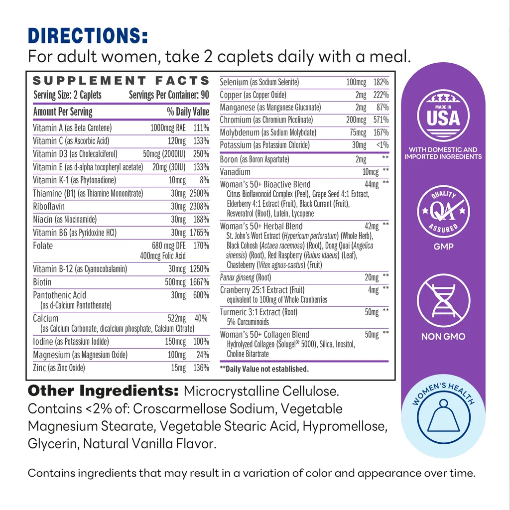 ULTRA 360 Women's Multivitamin 50 Plus 180 Caplets - Supplement Facts