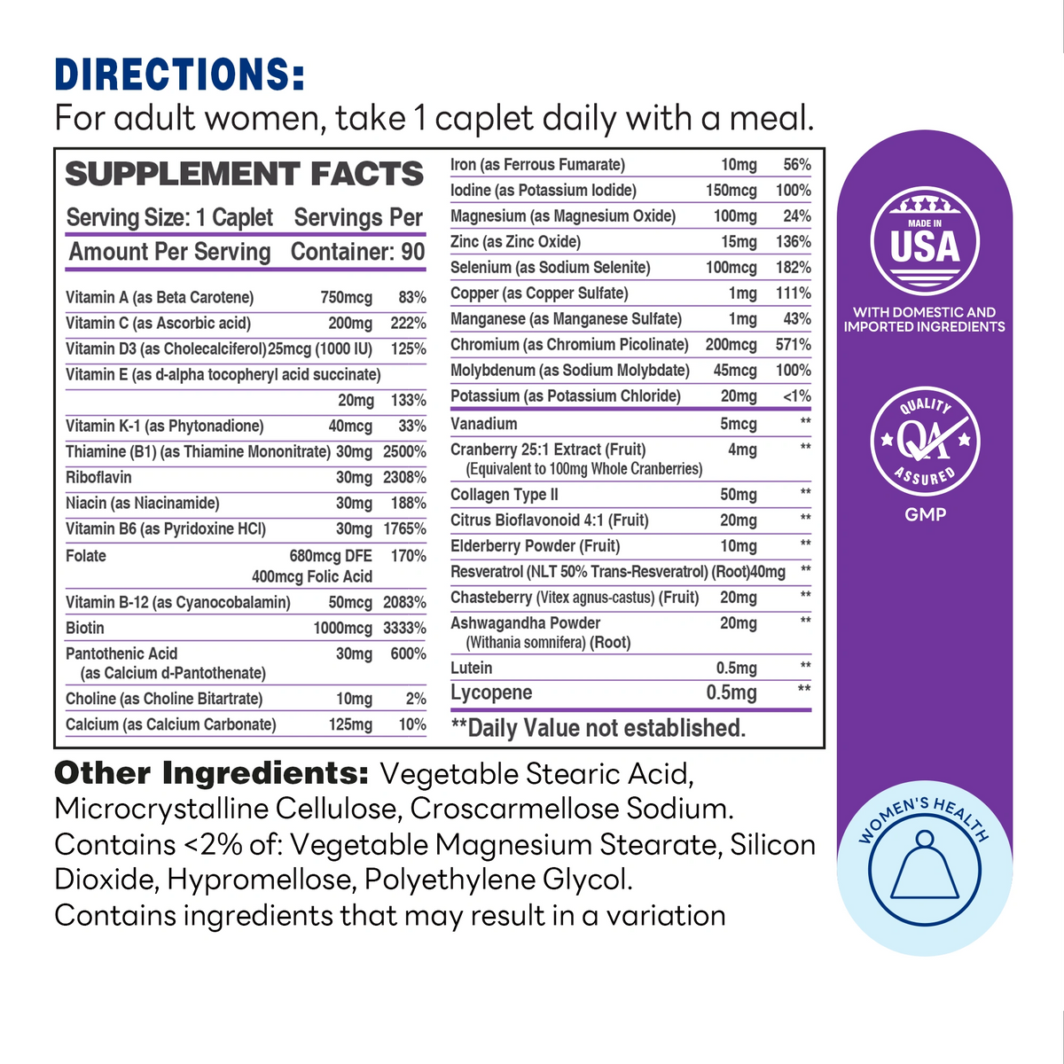 ULTRA 360 Women’s Multi Once Daily 90 Caplets - Supplement Facts