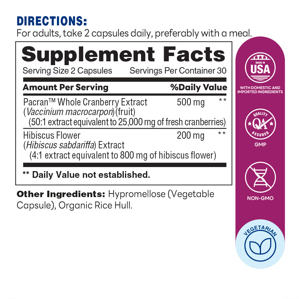 Vitamin World Urinary Health with Whole Cranberries and Hibiscus for Women, 60 Vegetarian Capsules-Supplement Facts